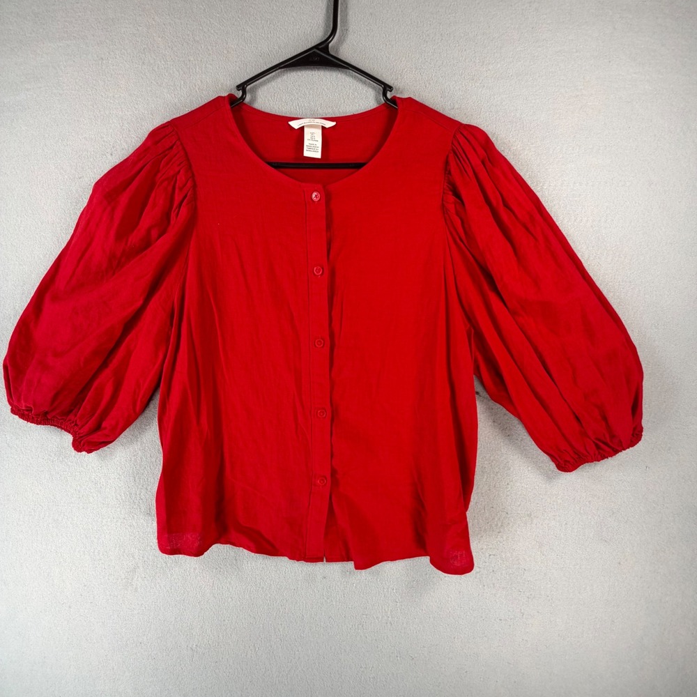 H&M Red Linen Blend Puff Sleeve Button Front Blouse Top Womens Large Streetwear